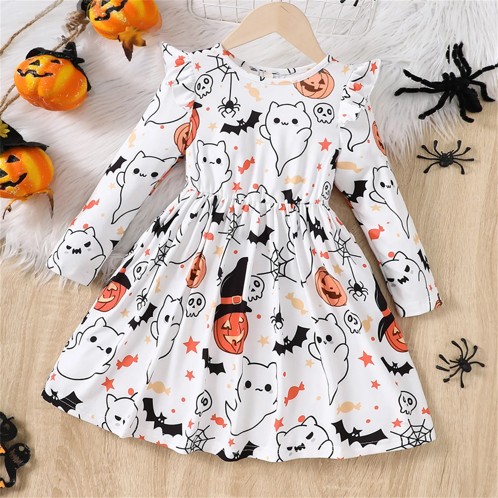 Toddler Baby Girls Halloween Dress Cartoon Pumpkin Print Long Sleeve Dresses Kids Girls Halloween Outfit Party Princess Vestidos