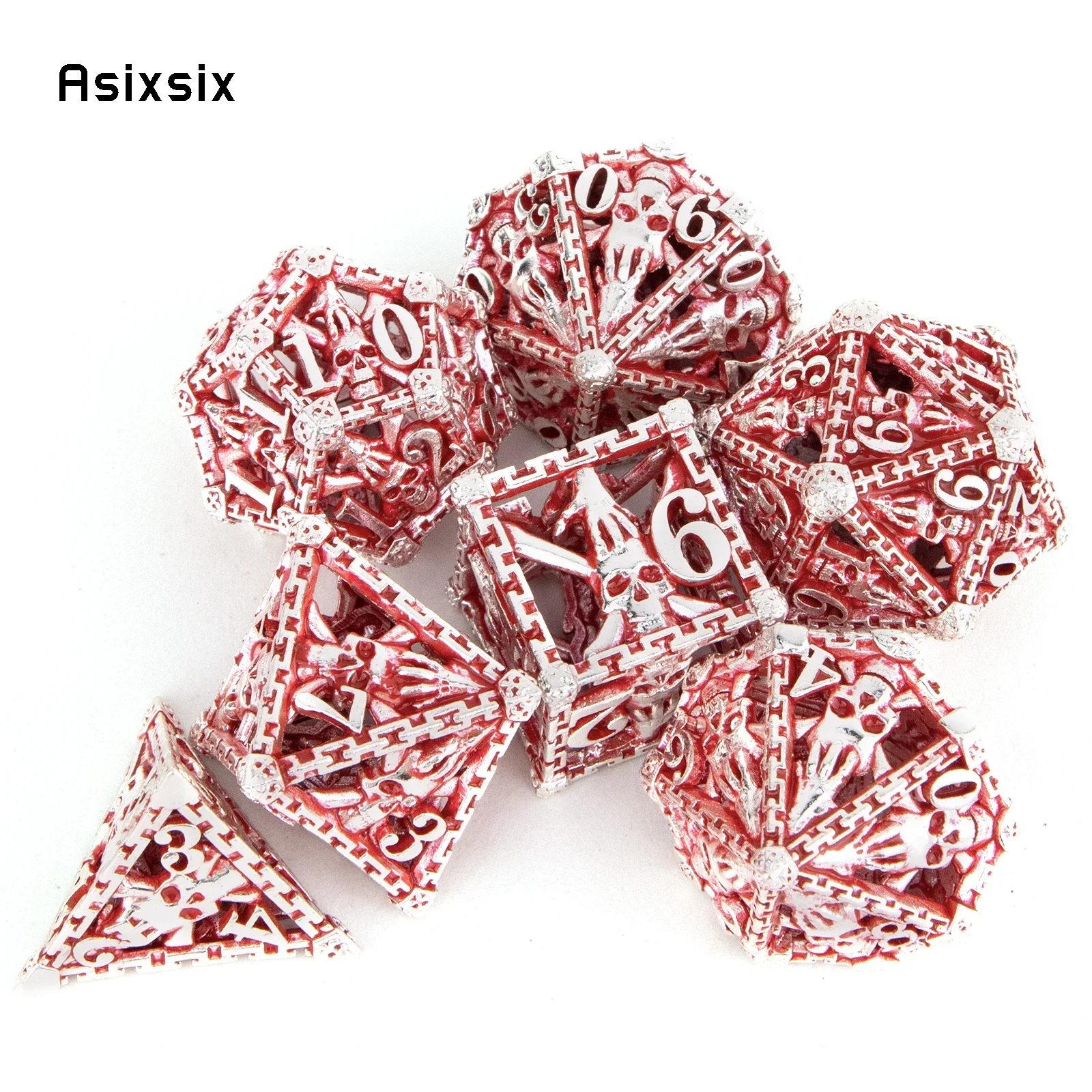 

7 Pcs Silver Red Hand Skull Head Metal Dice Hollow Metal Polyhedral Dice Set Suitable for Role-Playing RPG Board Game Card Game