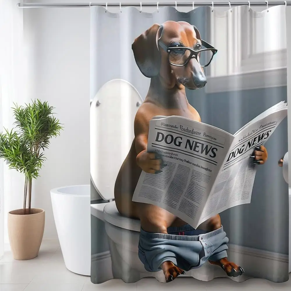 Funny Dachshund Dog Reading Newspaper Shower Curtain Wearing Glasses Print for Bathroom Decor