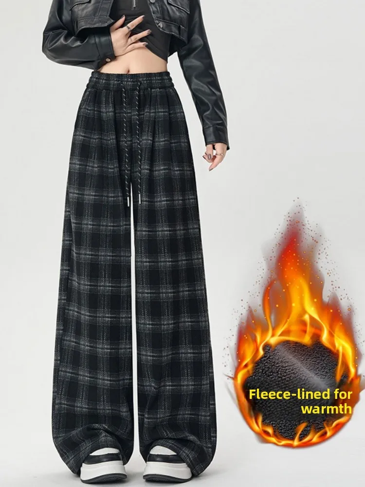 Pantalon à carreaux doublé de Fce rouge pour femmes, taille haute, drapé, jambe droite, longueur au sol, en laine, jambes larges, pour les déplacements