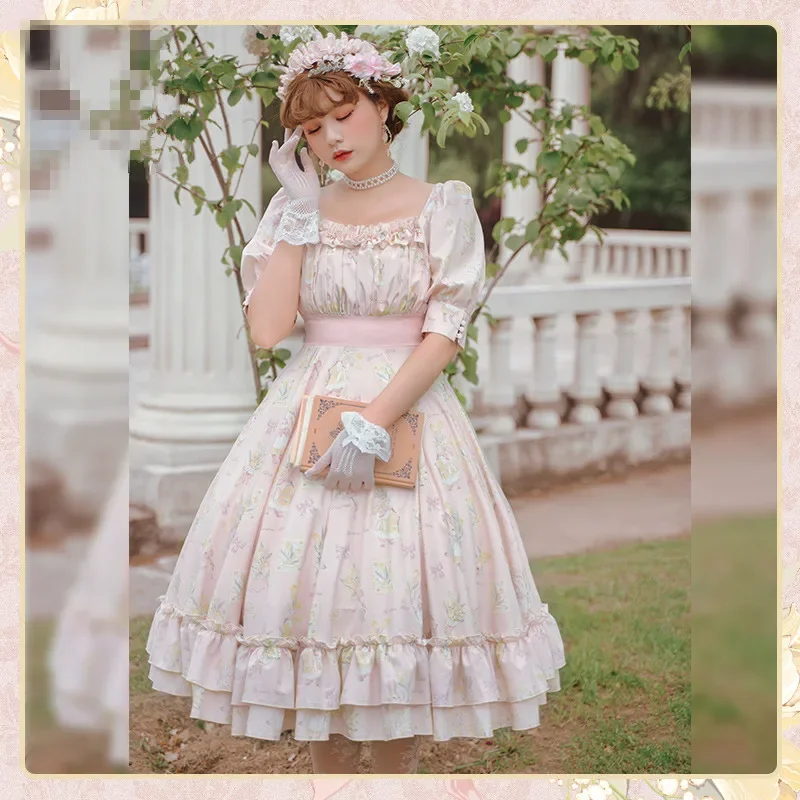 Vestido Lolita JSK para mulheres, coelho e poema de amor, doce lindo vestido francês, OP Cosplay, vestidos de mangas curtas para meninas, gótico