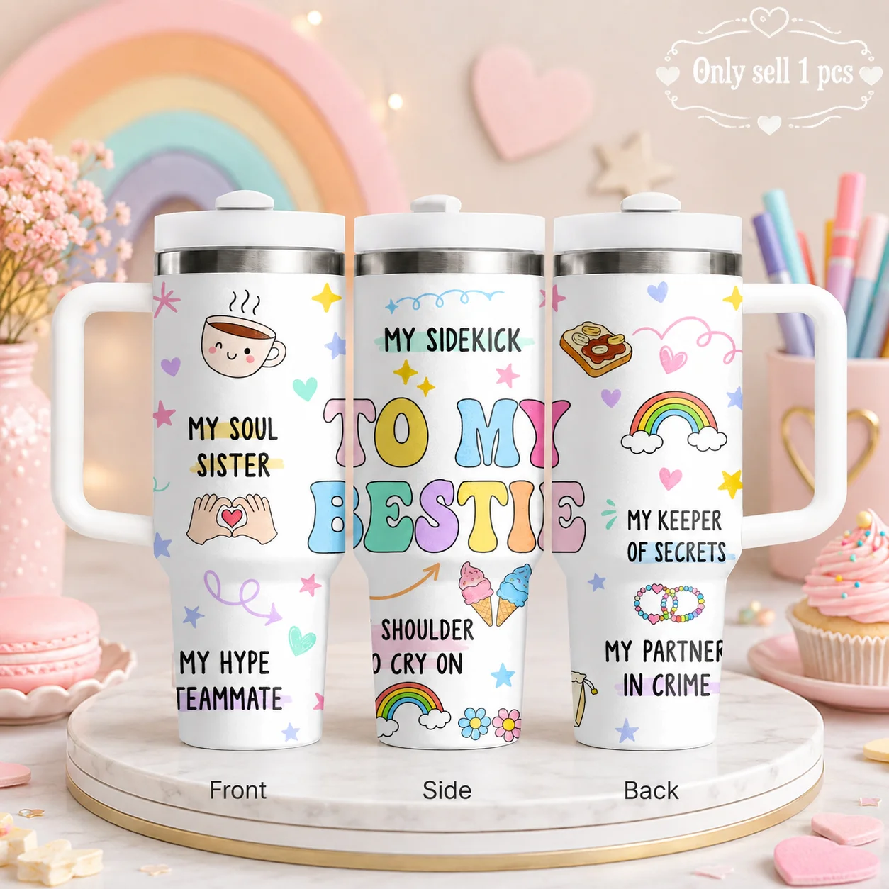 To My Bestie Friendship Quote Vacuum Flasks 40oz Stainless Steel Insulated Tumbler With Handle & Straw Leakproof Travel Mug