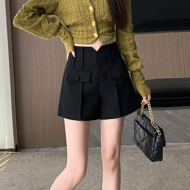 

Belt Pure Cotton Shorts Women High Waist Wide Leg A Line Suit Shorts Office Lady Solid Loose Casual All Match Short Pants LX335