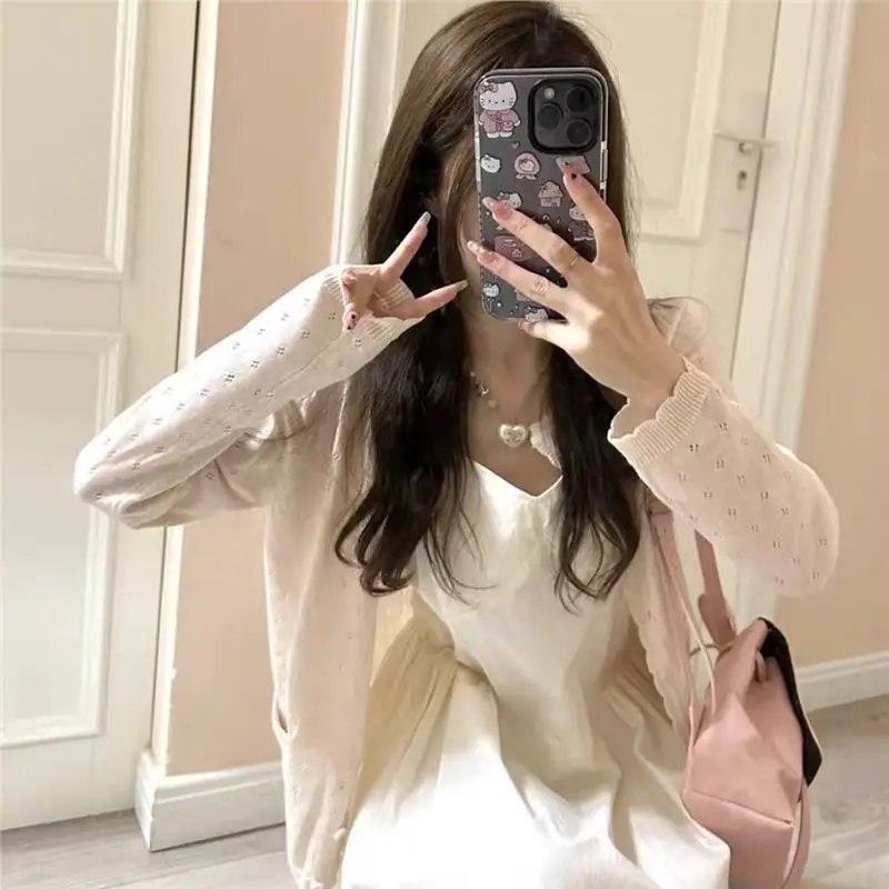 

Мягкий короткий кардиган из серии Sweet Milk, женский, весенне-летний, в студенческом стиле, ажурный, вязаный жакет