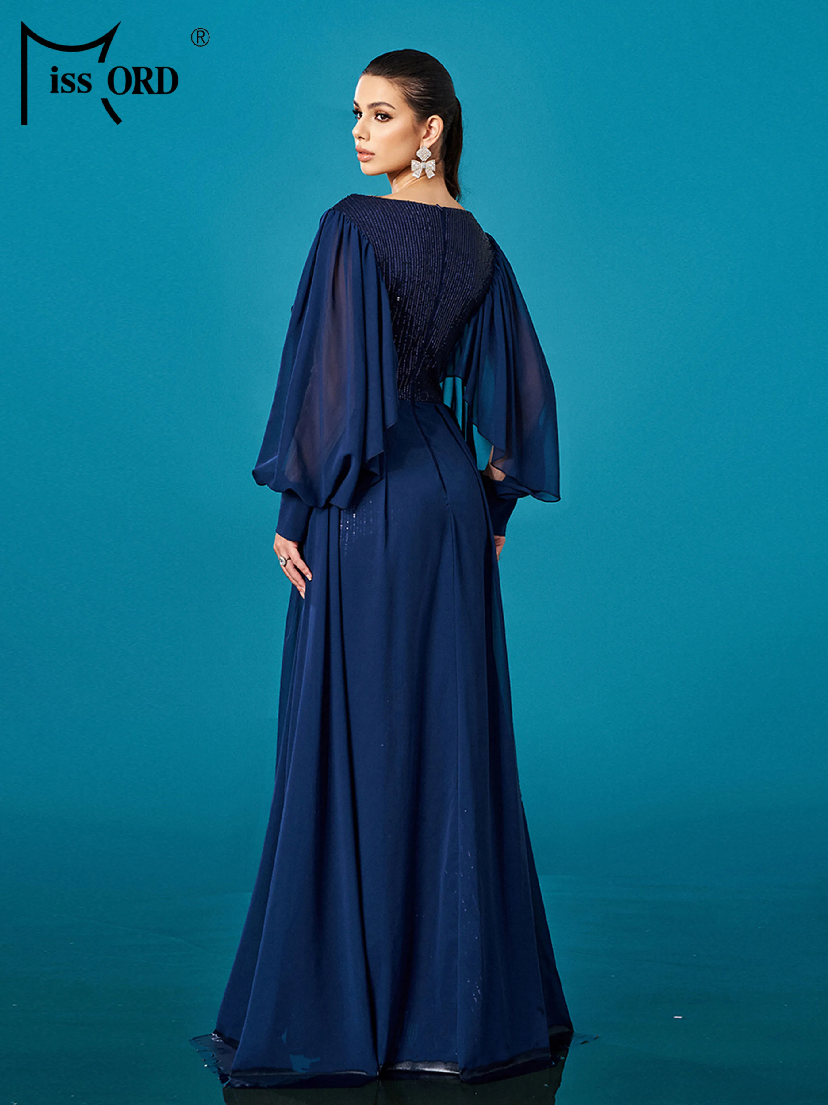 ミスオード 新作 Vネック フレア袖 スパンコール マーメイド イブニングドレス 結婚式 誕生日パーティー 高級 高品質 卒業式 マキシドレス