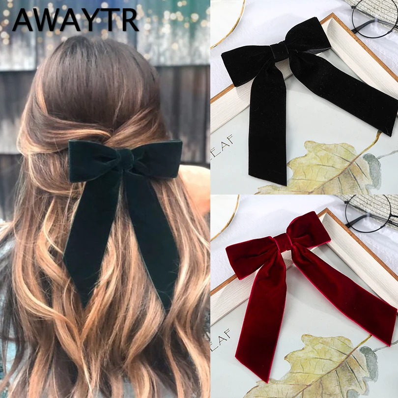 Dziewczęta Czarny Czerwony Duży Aksamitny Kokarda Spinka Do Włosów Dla Kobiet Vintage Ślubna Długa Wstążka Koreańska Spinka Do Włosów Modne Akcesoria Do Włosów