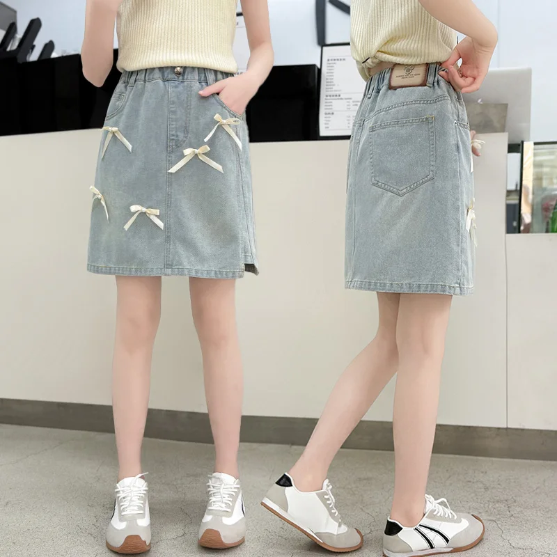 New Summer Children Boeknot Denim Sulotte Skirt with Shorts for Girls Casual Street Bottoms Kids Fashion Shorts under the Skirt