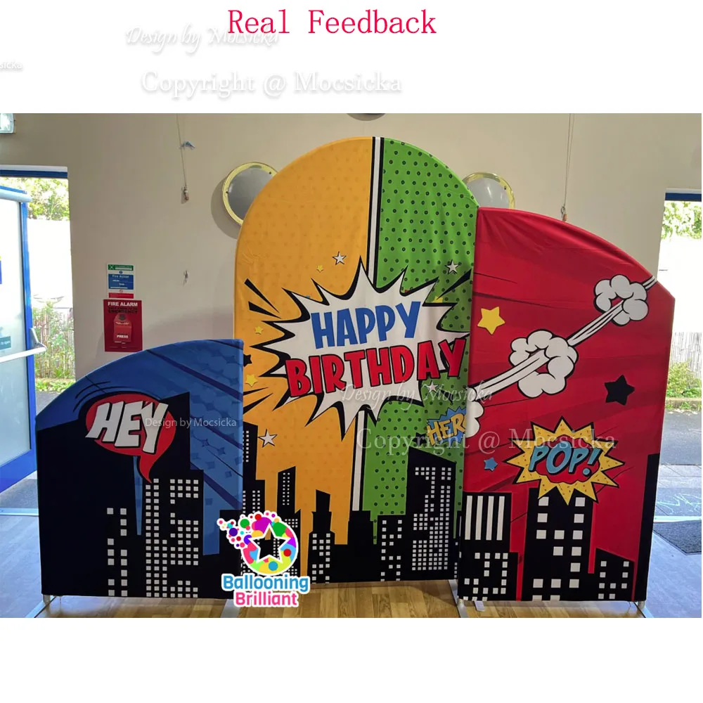 Superhero Birthday Arch Cover Background for boy Cartoon Comic City Building Double Sided Backdrop Photozone Studio Photoshoot