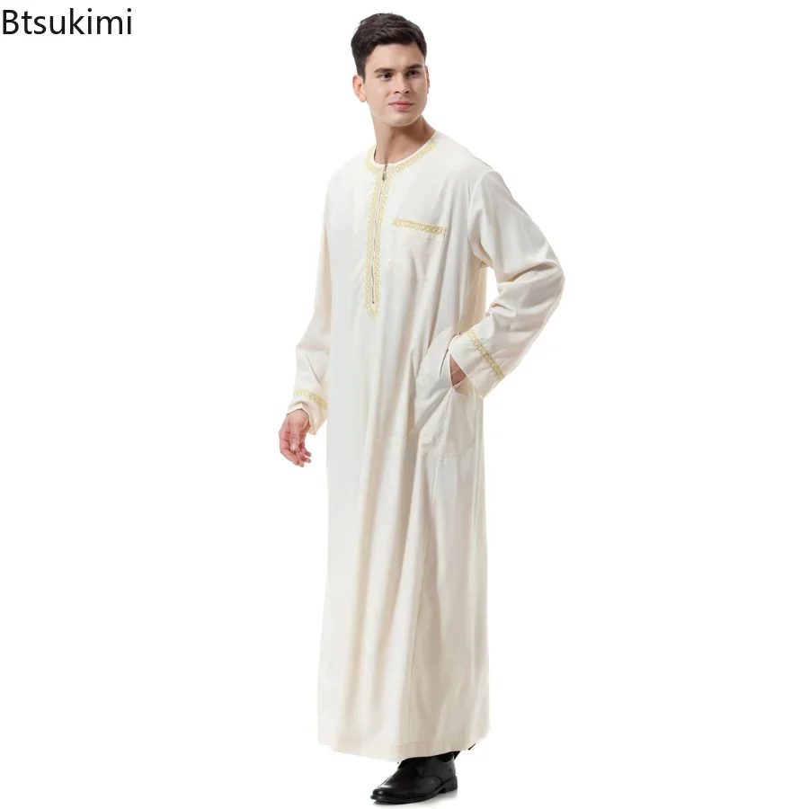 Moda muçulmana masculina abaya jubba thobe impressão zíper quimono manga longa cor sólida casual paquistão islam roupas botão bolso