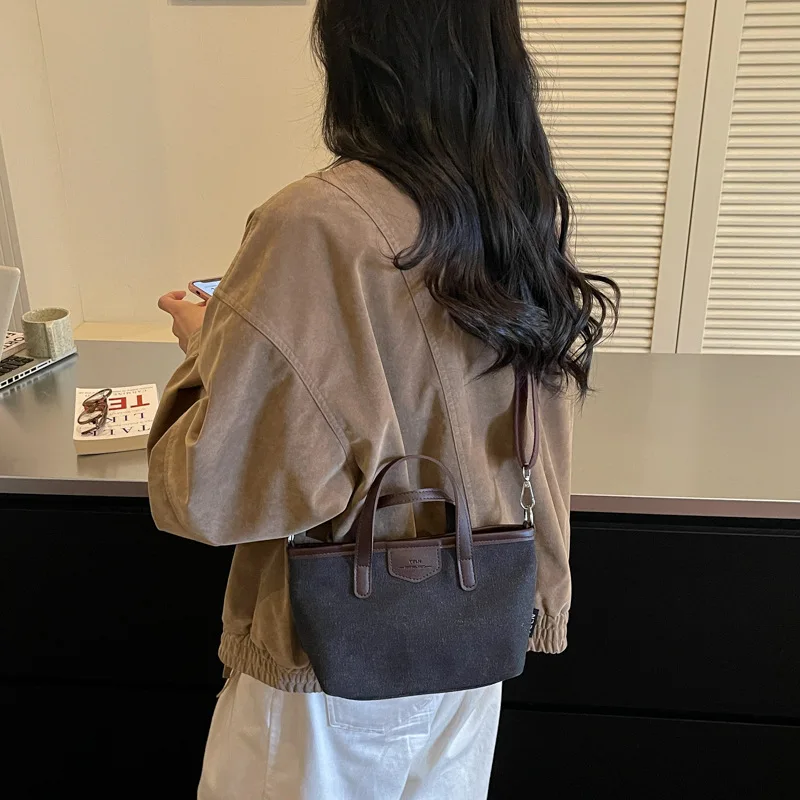 Vintage Casual Handbag Thick Vegetable Basket Canvas Shoulder Underarm Bag Women New Fashion Patchwork Crossbody Bag