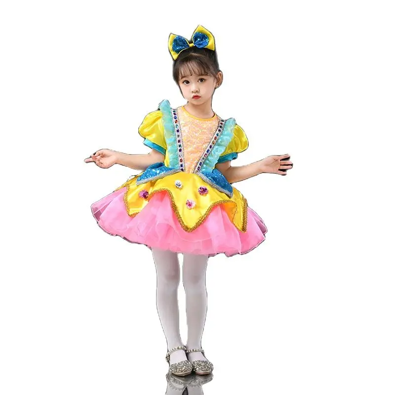 Retro Yellow Kids Sequin Dress Girls Dance Wear Sequined Modern Dance TUTU Dress Dance Costume Childern Party Dress Stage Wear