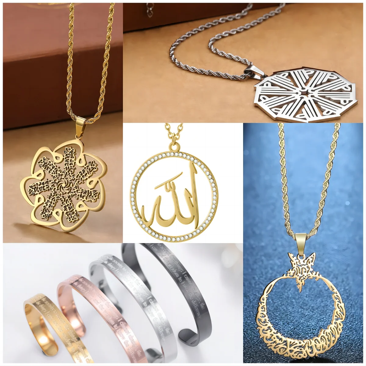 

Arabic Stainless Steel Allah Necklace Round Crystal Allah Pendant Muslim Moon Star Necklace Fashion Jewelry for Women Gift