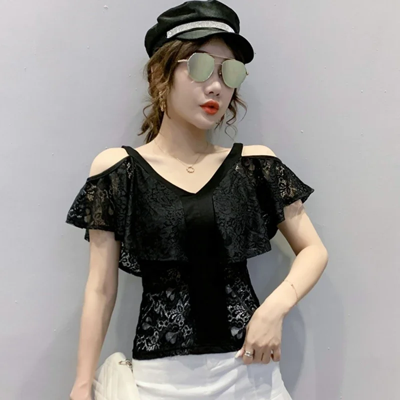 Fanshion Off Shoulder Lace Blouses Summer Women Sexy Streetwear Ruffles Blusas Femininas Korean Clothes White Black Ladies Tops