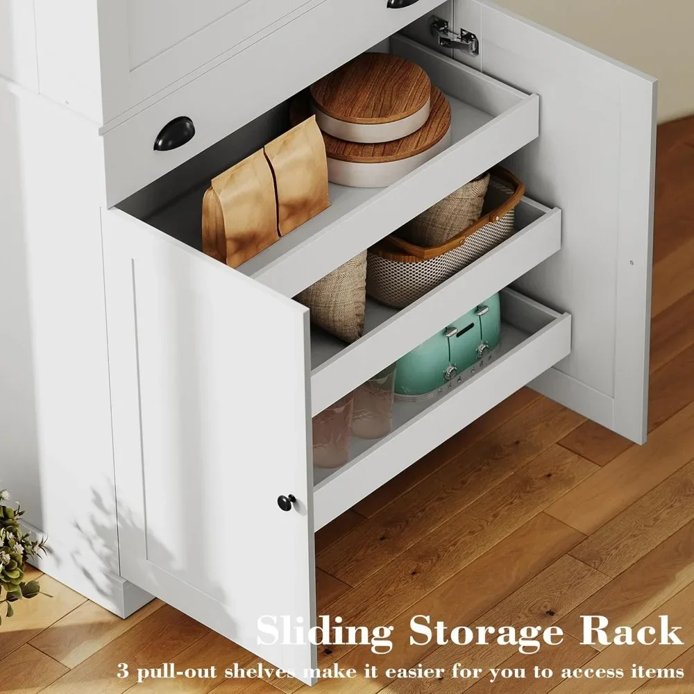 Kitchen Pantry Cabinet 72" Height, Freestanding Cupboard with Drawer, Sliding Rack & 6 Hanging Shelves for Dining Area