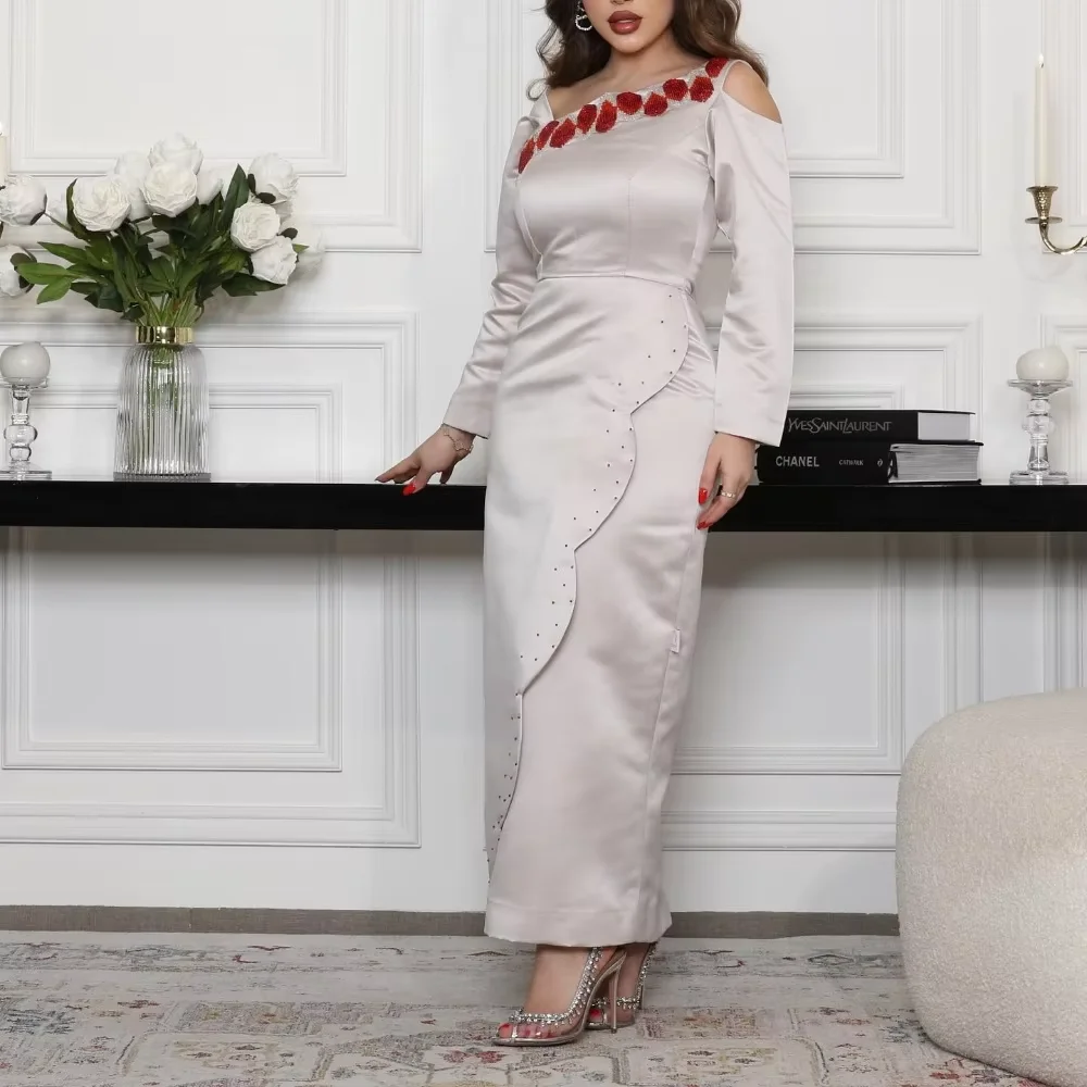 Vestidos de baile retos personalizados, comprimento do tornozelo, decote em v, manga completa, vestido de noite, moda simples, cristal, elegante, vestidos de festa