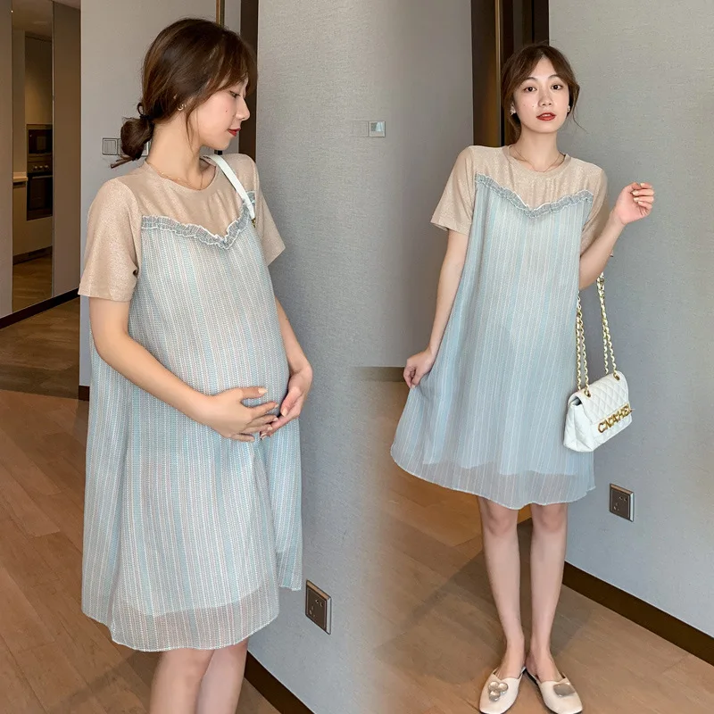 

2024 Summer Maternity Stripe Dress Block Color Patchwork Short Sleeve Pregnant Woman Chitton Dress Loose Fashion Pregnancy Dress