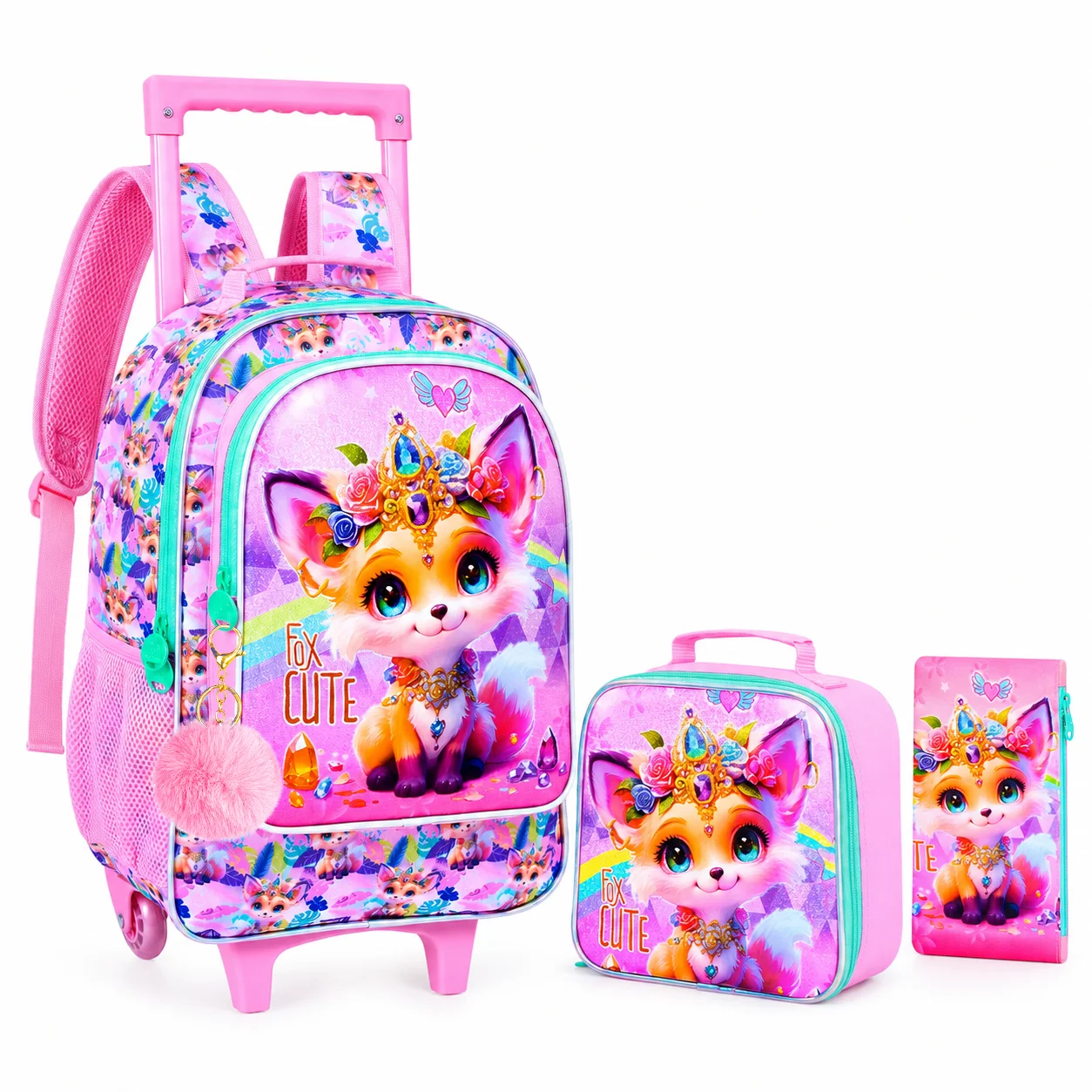 3Pcs Rolling Backpack for Girls, Kids Roller School Backpack with Wheels, Fox Wheeled Bookbag for Elementary Preschool Kindergar