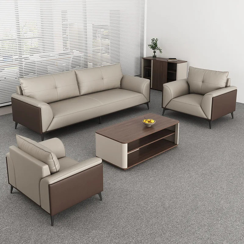 ！@Modern Office Sofa Set 1+1+3 Seater Premium Leather Couch with Wood Accents Minimalist Reception and Waiting Room Furniture