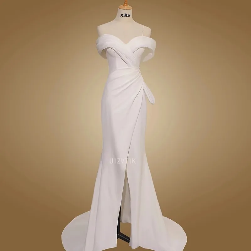 맞춤형 이브닝 드레스 화이트 저지 오프 숄더 바닥 길이 레이스 업 인어 플러스 사이즈 플리츠 여성 파티 공식 가운