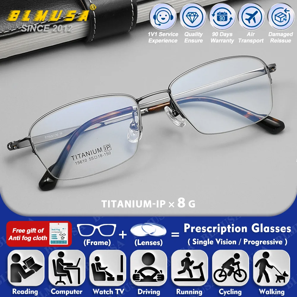 

BLMUSA (L) Anti Blue Light Pure Titanium Progressive Computer Prescription Glasses High Quality Men Half-Frame Myopia Eyeglasses
