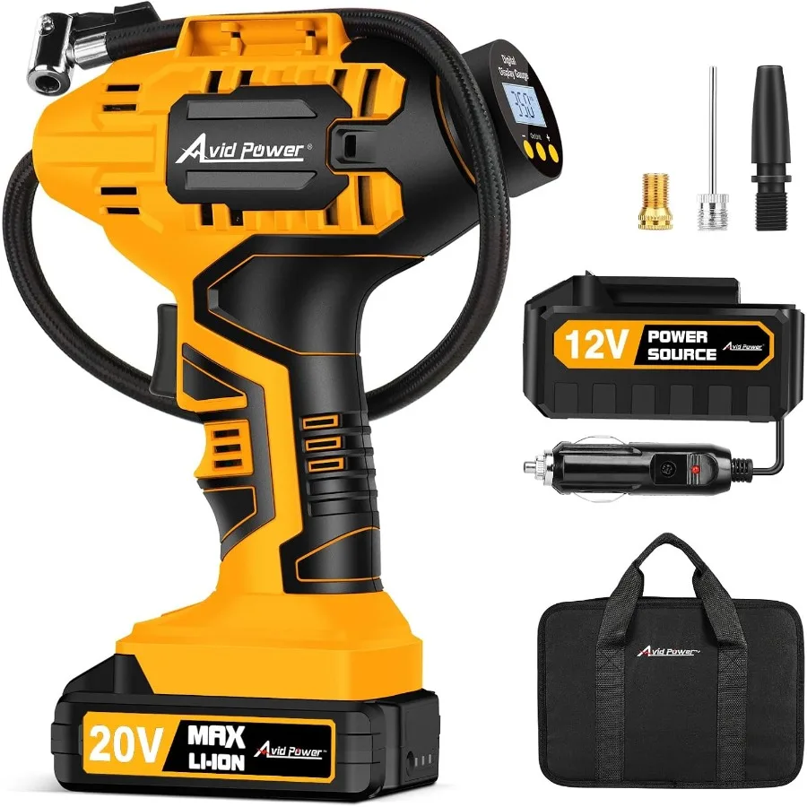 

Tire Inflator Portable Air Compressor 20V Cordless Car Tire Pump with Rechargeable Li-ion Battery 12V DC Adapter Dig