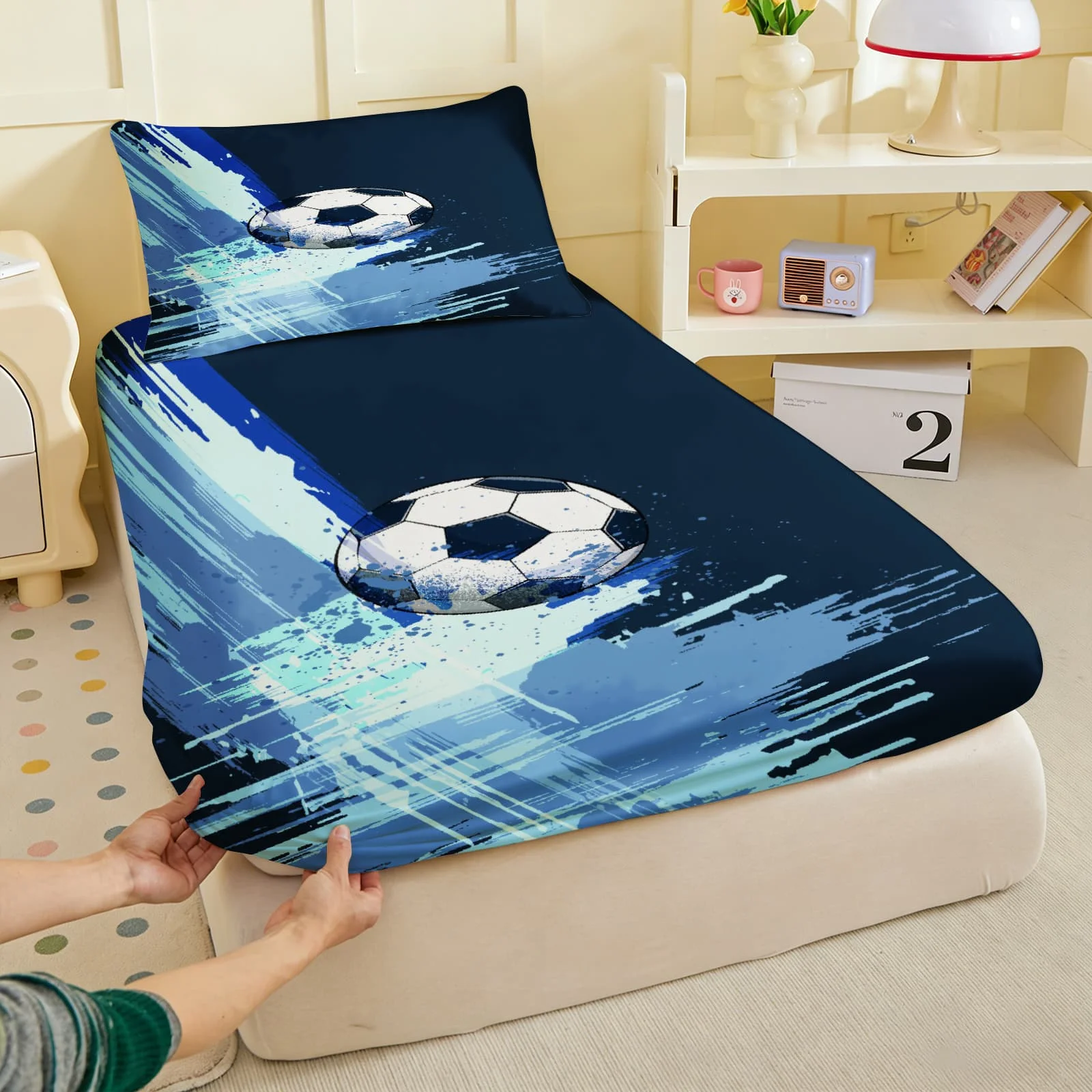 1pc Soccer Ball with Blue Brush Strokes Fitted Sheet Deep Pocket Elastic Mattress Cover Single Double Queen King Bedroom Decor
