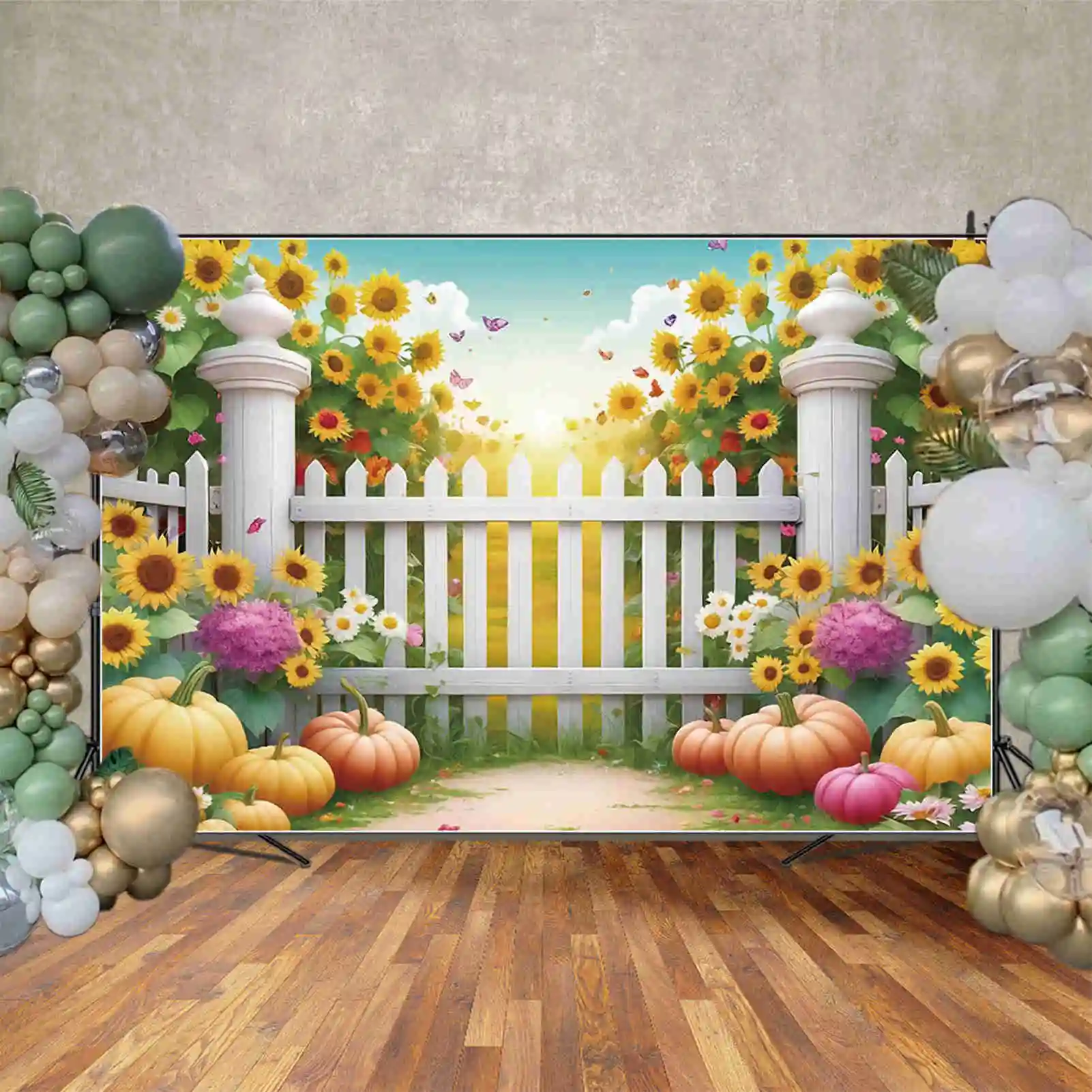 MOON.QG Autumn Sunflower Field Photo Studio Background Thanksgiving Pumpkin White Fence Photograph Backdrop Home Party Back Drop