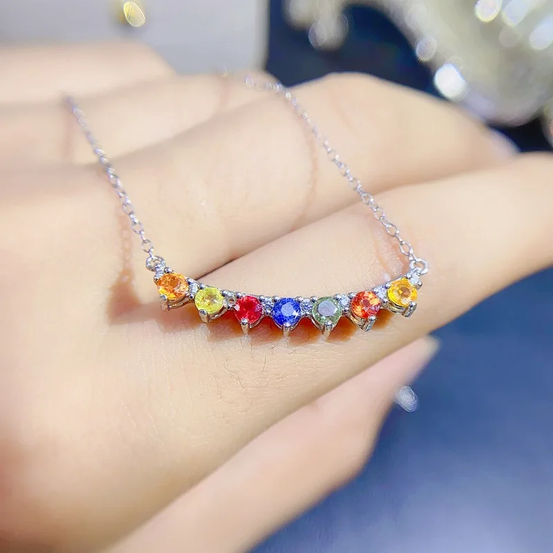 Simple Fashion 925 Silver Ladies Necklace 3X3mm Colorful Natural Yellow Blue Green Sapphire Rainbow Choker