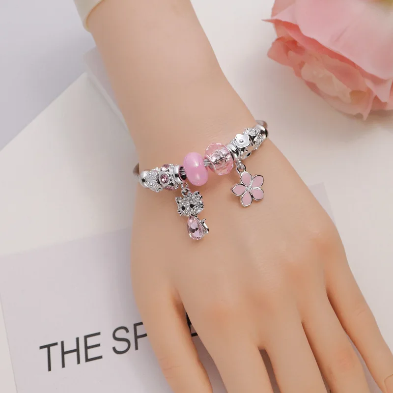 Cartoon Character Hello Kitty Kawaii Anime Stainless Steel Crystal Adjustablet Bracelet Beads Jewelry Accessories Gift