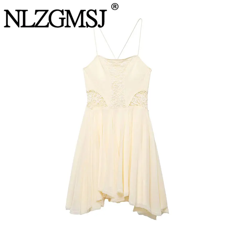 NLZGMSJ 2026 Frühling Sommer Damen Sexy Ärmelloses Rückenfreies Ausgeschnittenes Neckholder-Kleid Modisches Spitzen-Splice Mini Bodycon-Kleid