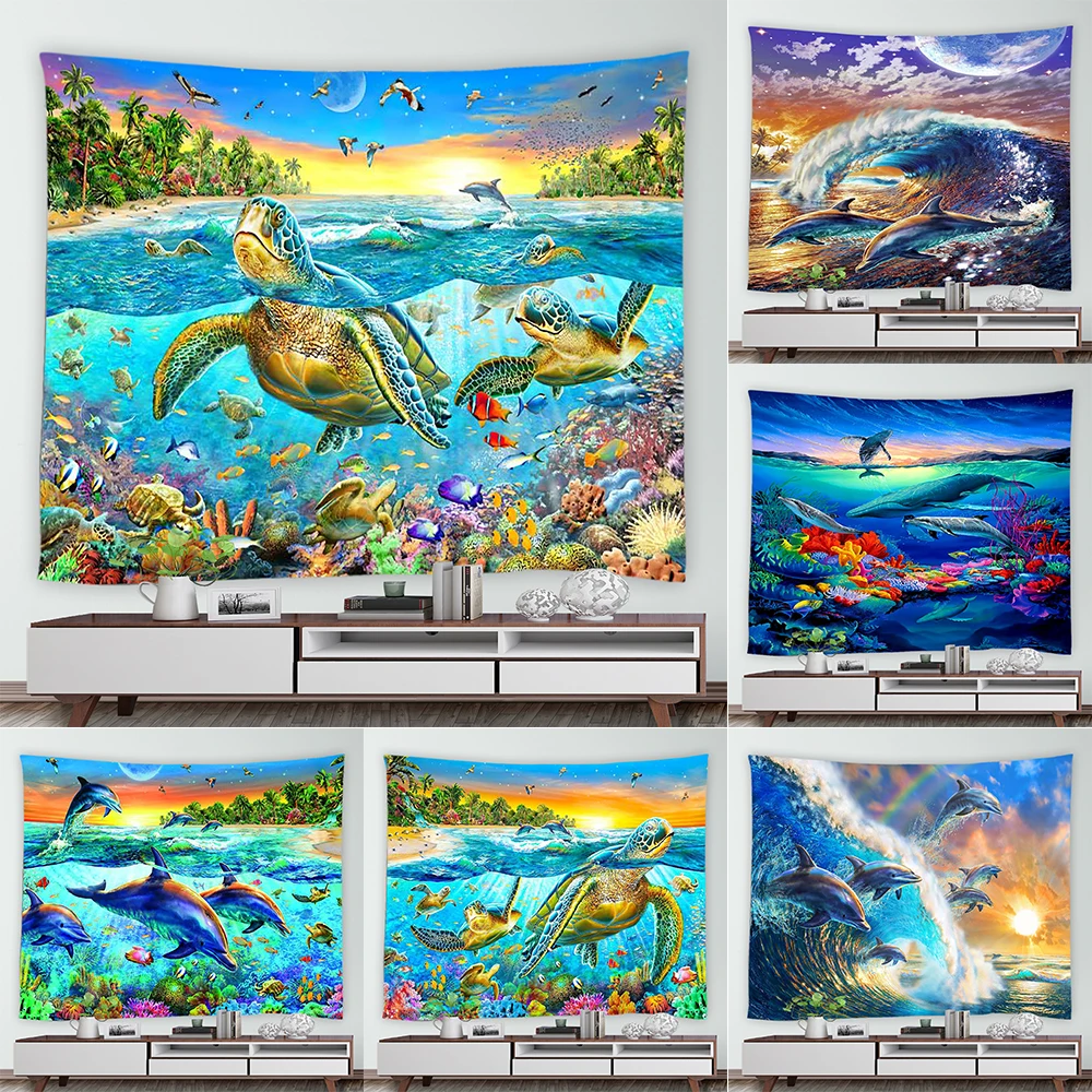 

Sea Animal Watercolor Art Dolphin Turtle Print Pattern Tapestry Home Living Room Bedroom Wall Decor Background Cloth