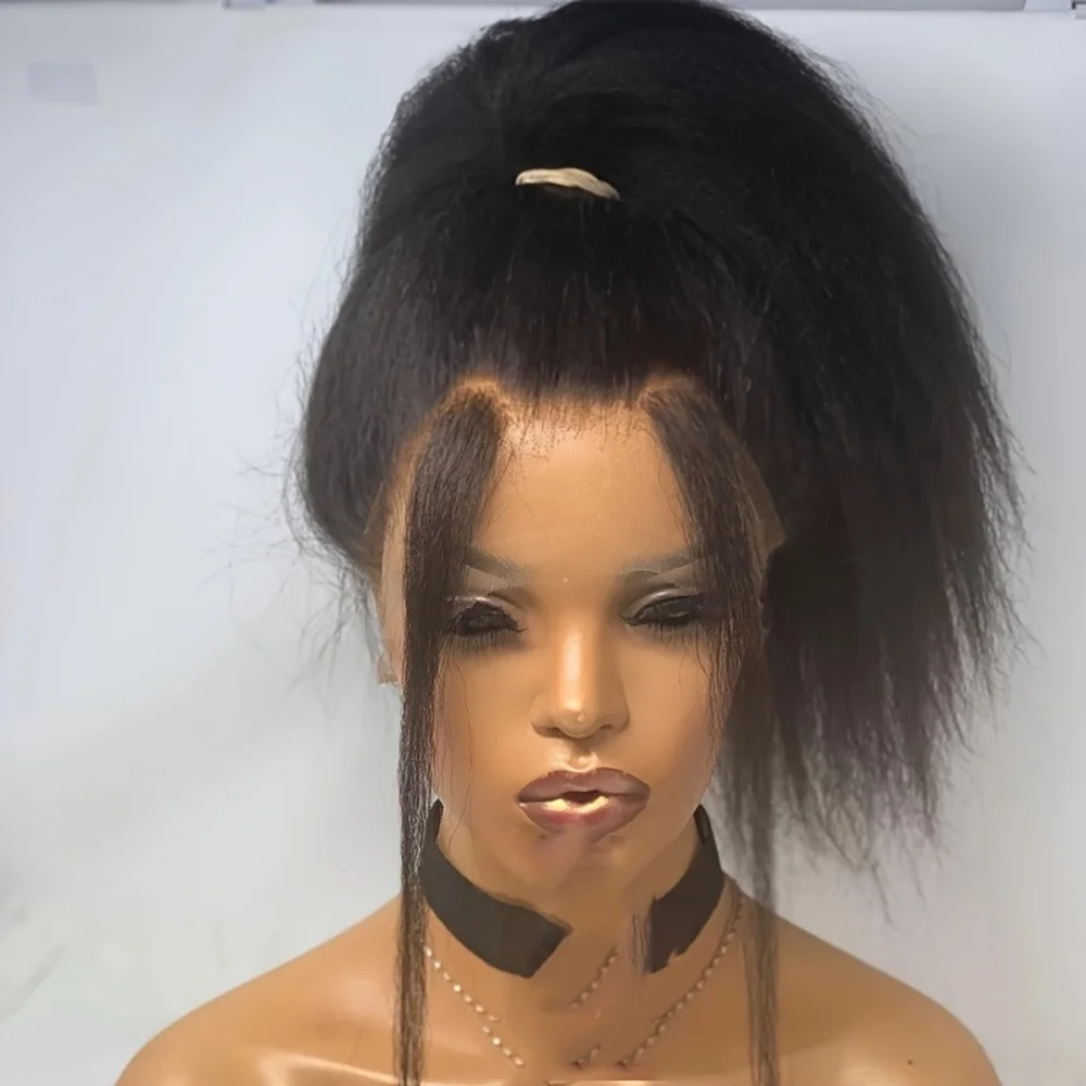 Long Glueless 24Inch Kinky Straight Yaki Natural Black Soft 13x4 Lace Front Wig For Women With Baby Hair Preplucked Daily