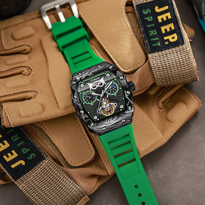 Men's Tourbillon Watch Owl Luminous Fashion Big Dial Waterproof Sport Clock Comfortable Silicone Band Automatic Mechanical Watch