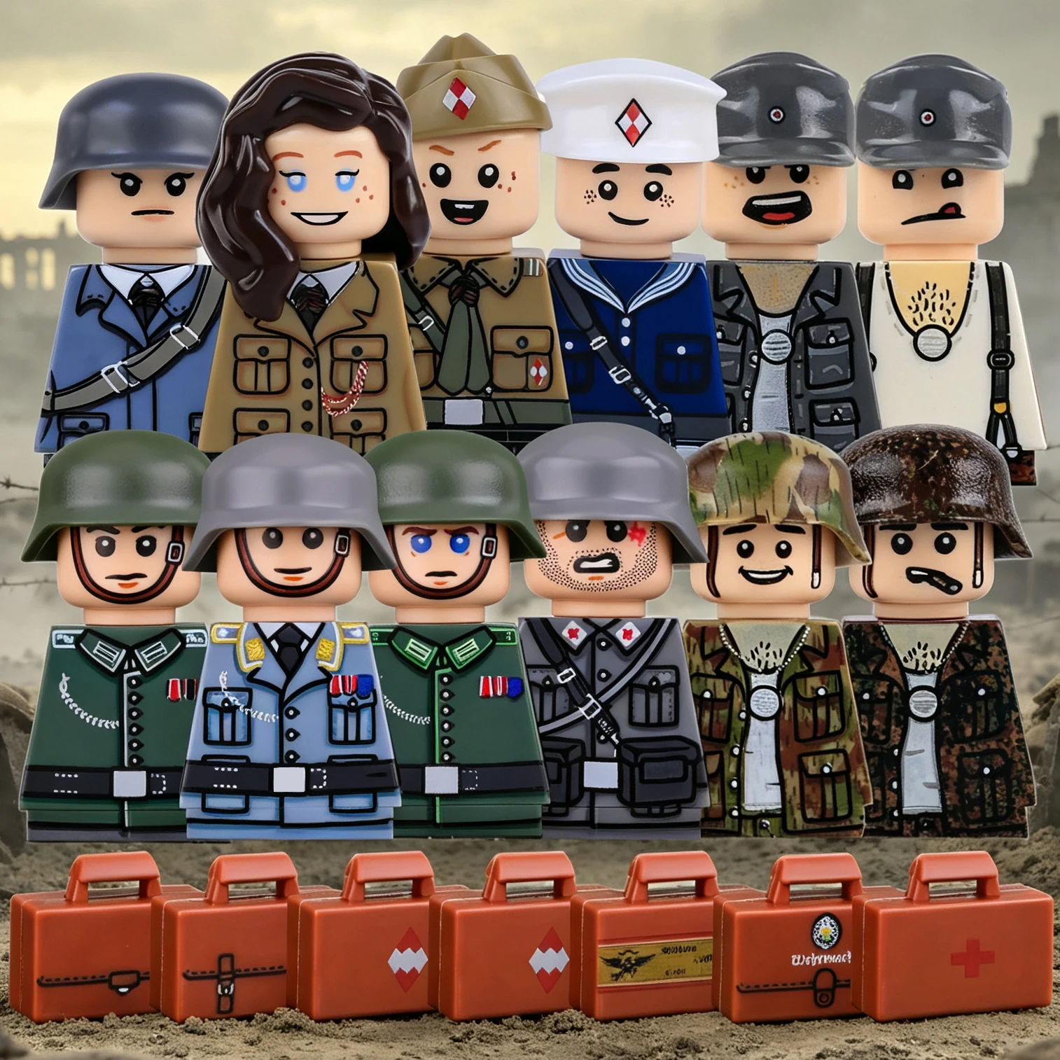 MOC WW2 Militär-Sanitäter Soldaten Figuren Bausteine Tarnfarben Armee Infanterie Bausteine Spielzeug Kinder Geschenk