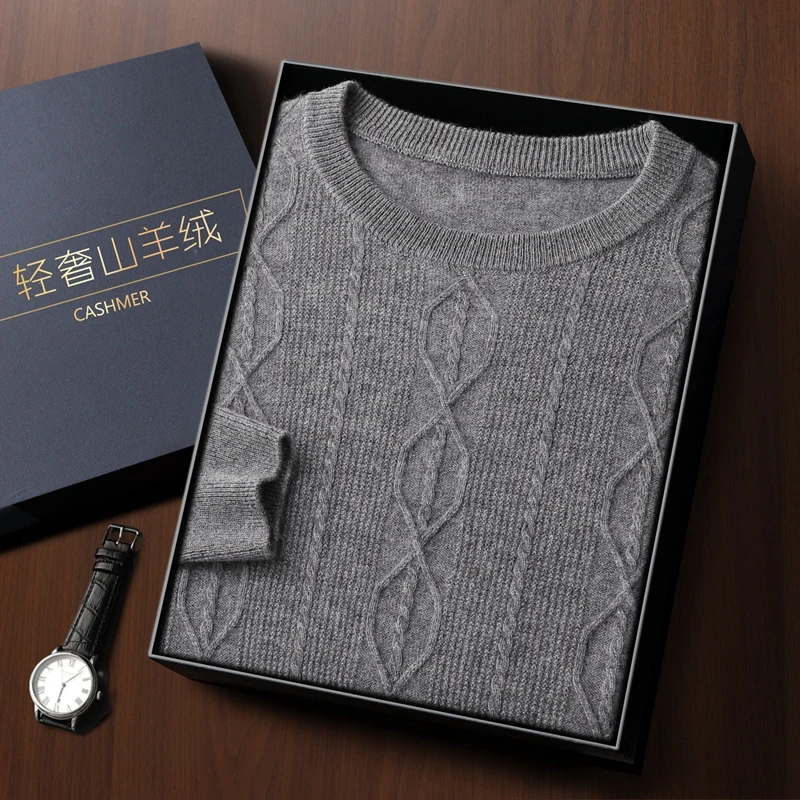 New autumn and winter men's thick cashmere sweater with a round neck and twisted pattern, casual knitted warm solid color top