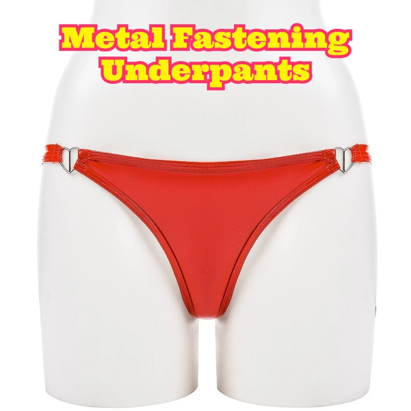 

Glossy Wet Patent Leather Metal Buckle Color Triangle Panties Adult Sexy Elastic Slim Private Night Wear Smooth Tight Low Waist