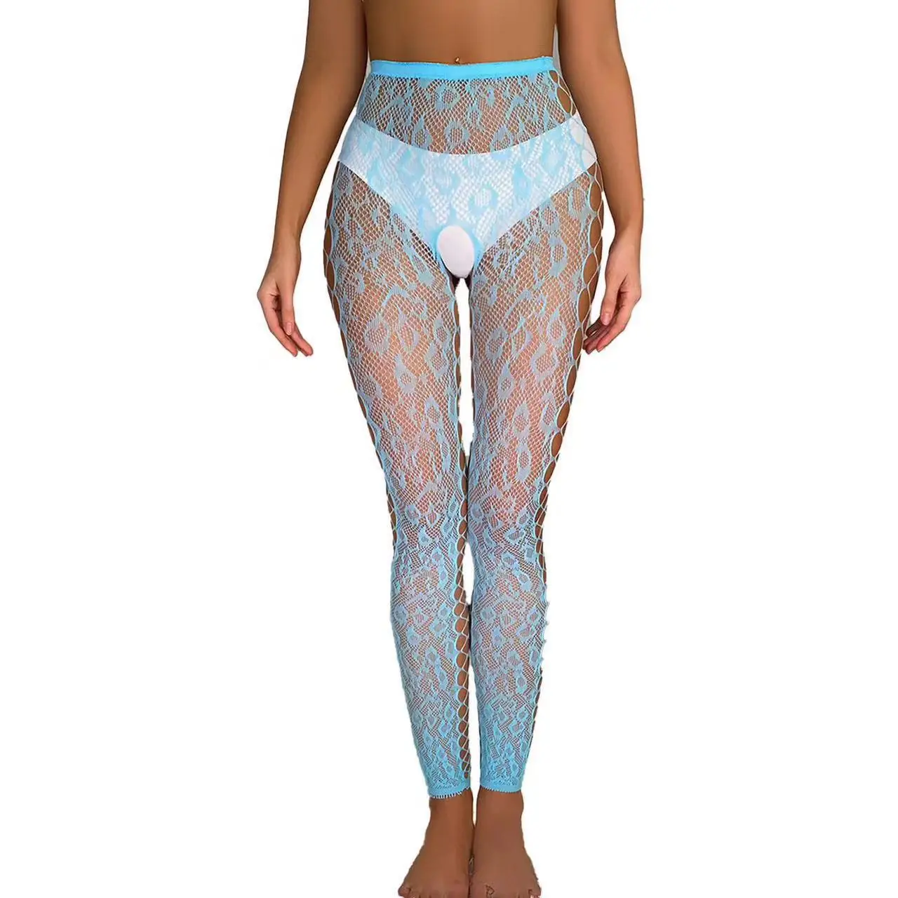 Calze da donna calze a rete nere con File aperto in pizzo cavo femminile Sexy See Through Nightclub Leggings calze Clubwear