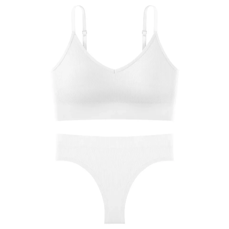 1set Women's Sports Bra Briefs Set Seamless Threaded Adjustable Shoulder Strap Underwear Set Breathable Elasticity Underwear Set