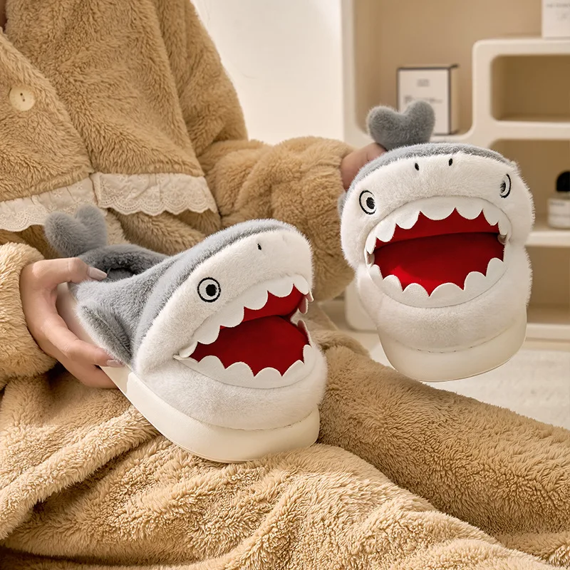 Kawaii Shark Cat Anime Cartoon Winter Plush Cotton Slippers Girl Thick-Soled Half-Slip Home Shoes Give Gifts To Girlfriend