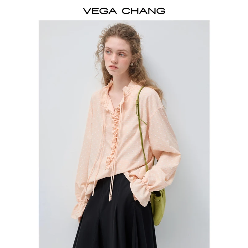 

Vega Chang Spring and Autumn New Women's Ruffled Shirt V-Neck Tie Loose Top