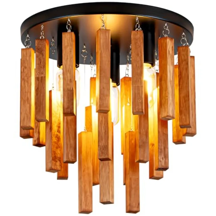 Farmhouse Light Fixture, 3-Light Wood Ceiling Light, Rustic Light Fixture with Wood and Black Metal Finish, Farmhouse Semi Flus