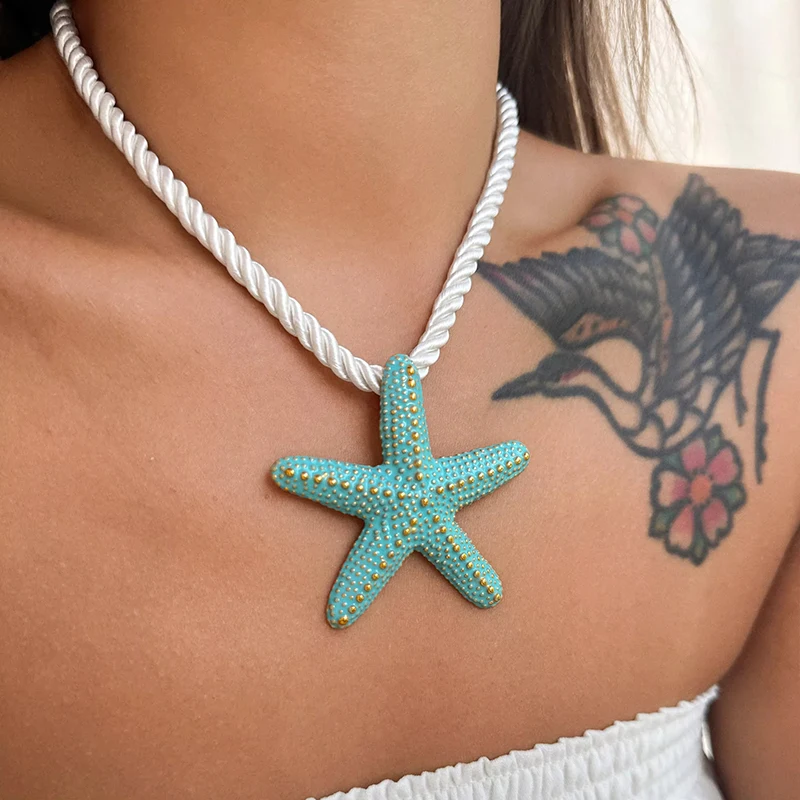 قلادات على شكل نجم البحر من حبل أبيض للنساء من الفولاذ المقاوم للصدأ، مجوهرات صيفية لقضاء العطلات على الشاطئ مقاومة للماء #1