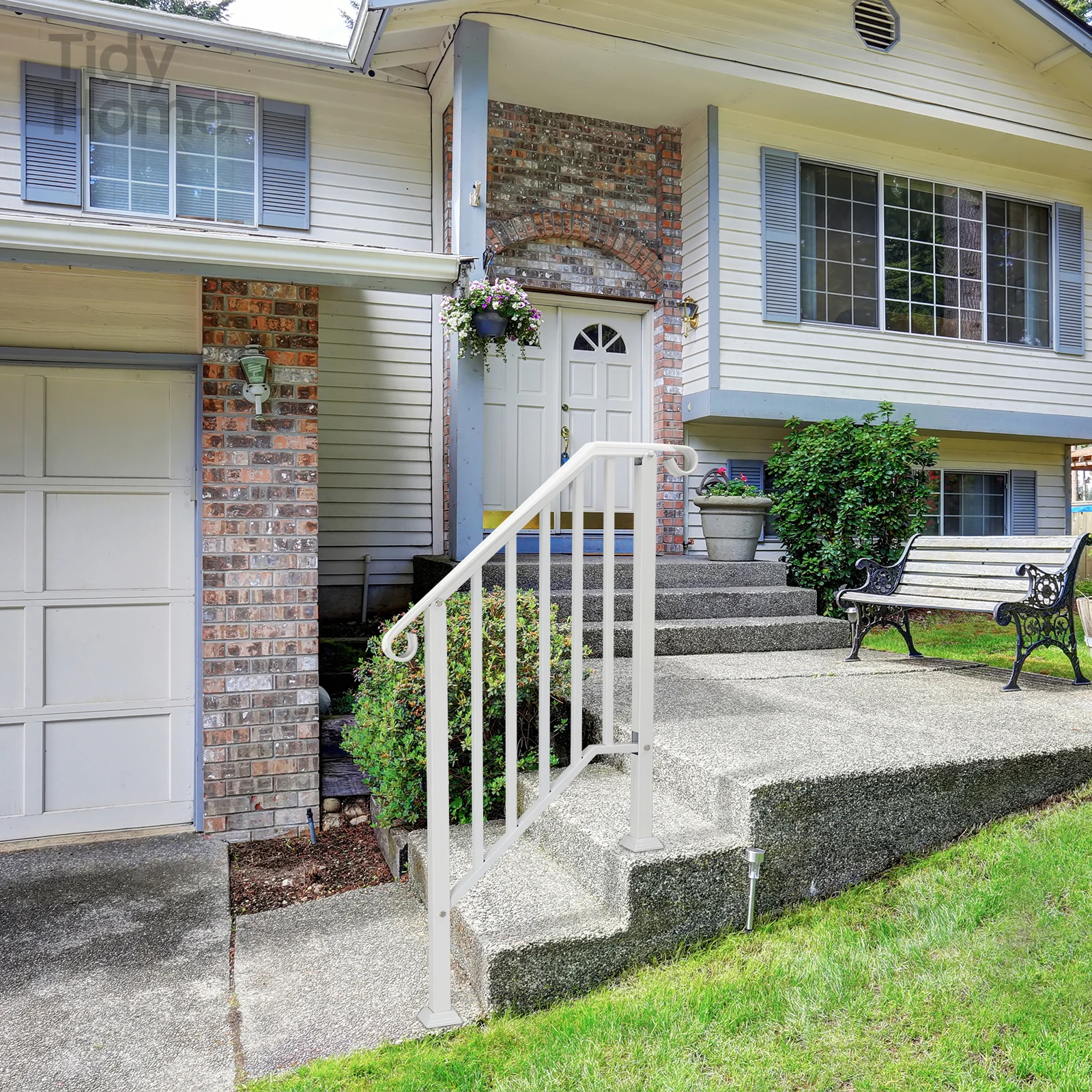 Handrails for Outdoor Steps, Iron Handrail Fits 2 Step, Transitional Handrail with Installation Kit, White