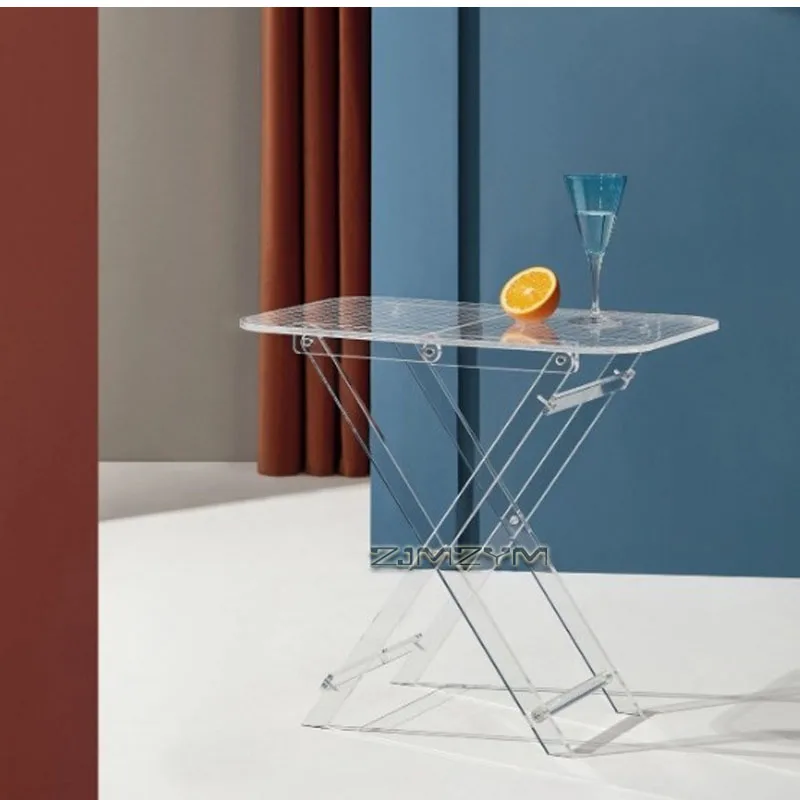 Ins Clear Textured Foldable Side End Table Transparent X Leg Accent Table Minimalist Small Table for Living Room Apartment