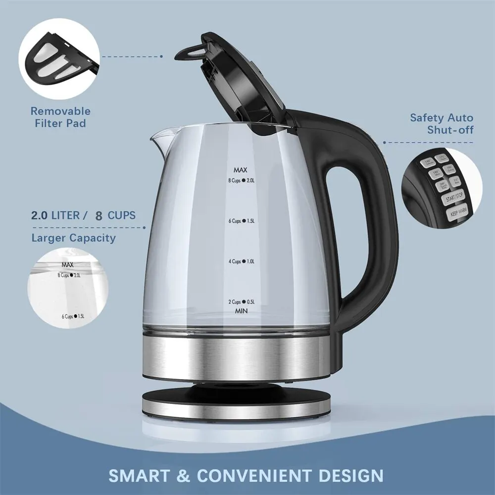 DEVISIB Electric Kettle Temperature Control 4Hours Keep Warm 2L Glass Tea Coffee Hot Water Boiler Food Grade 304 Stainless Steel