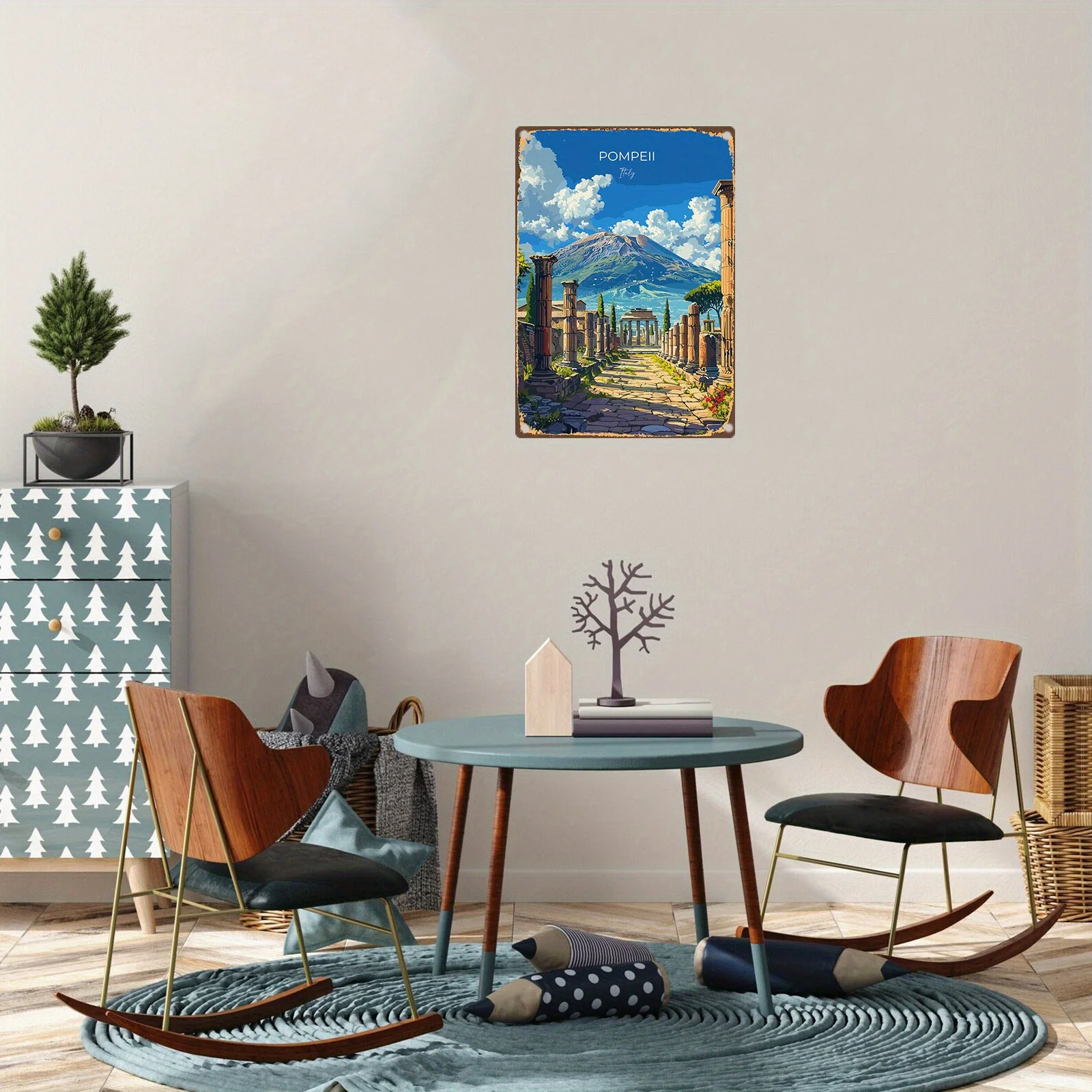 DDPNKL Vintage Pompeii ديكور فني جداري إيطالي لوح من القصدير المعدني الحديدي مع منظر طبيعي Vesuvius وأعمدة رومانية وأشجار السرو