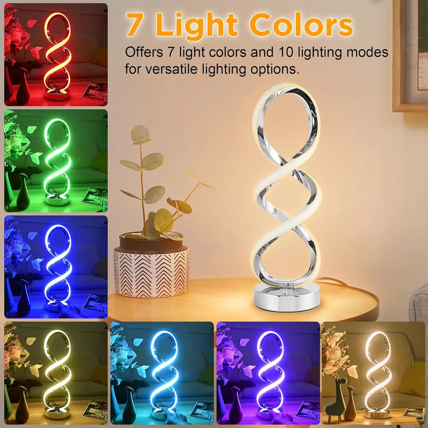 Lámpara de mesa regulable táctil RGB en espiral, luz de mesita de noche de 10 modos de 7 colores para dormitorio y sala de estar