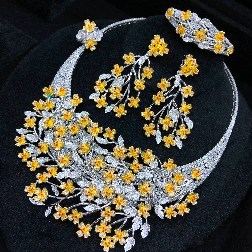 

Kellybola Luxury Blooming Flowers Bangle Earrings Necklace Ring Jewelry Set For Women Stage Performance Prom Party Bridal Gift