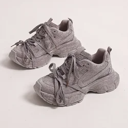 5cm Genuine Leather Rhinestone Bling Chunky Sneakers Spring Autumn Rubber Soles Breathable Platform Wedge Women Fashion Shoes