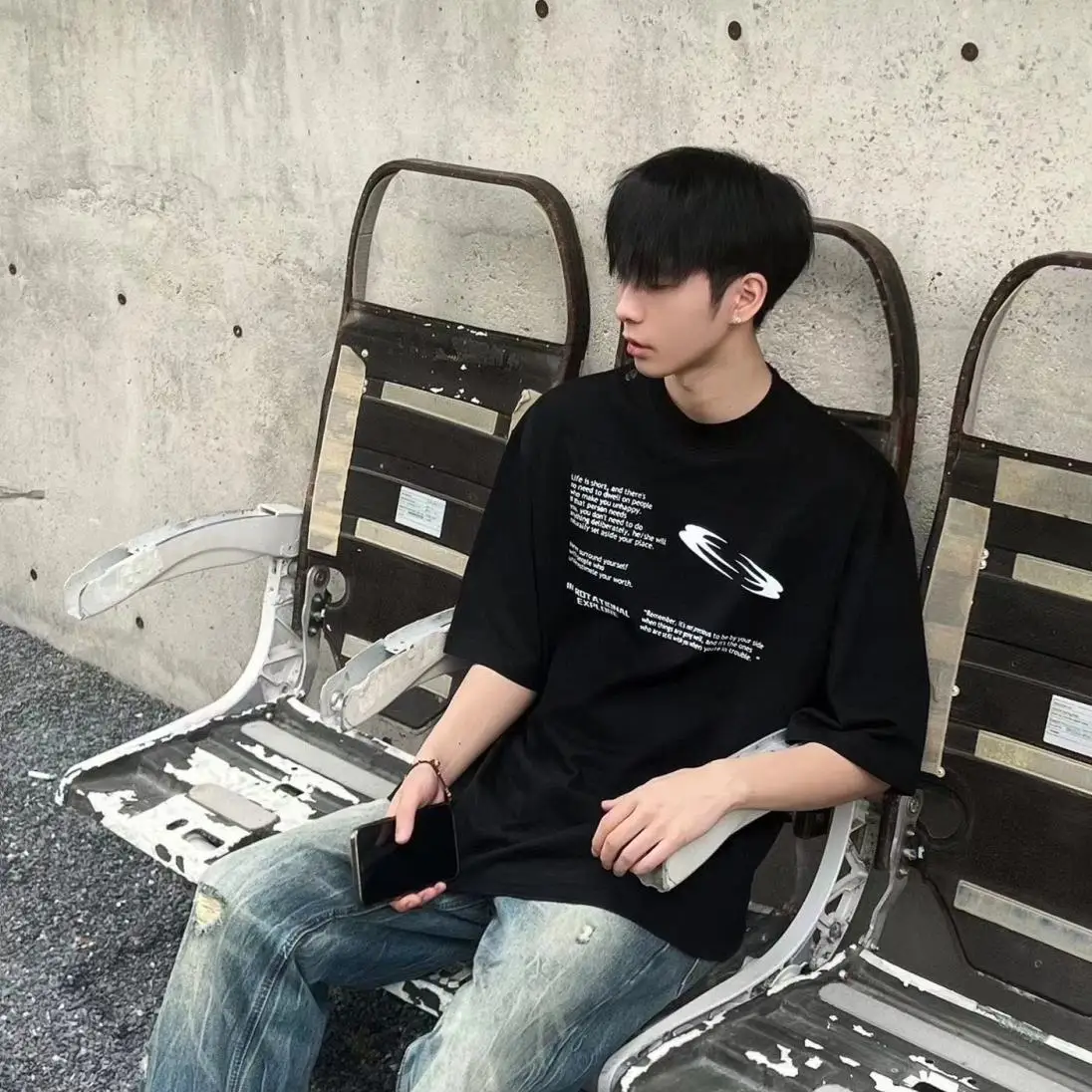 

Korean personalized overlapping font printed T-shirt fashion y2k men and women loose hip hop street round neck half sleeved tops
